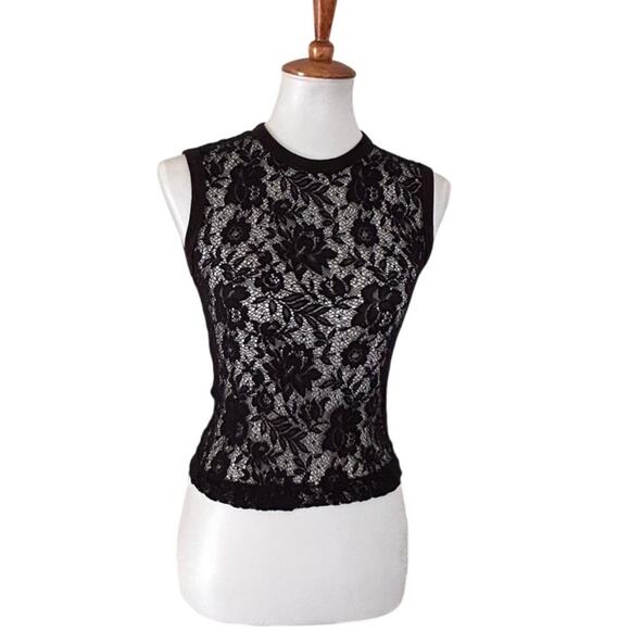 Y2K Sheer Black Lace Top | Vintage Sleeveless Stretch Mesh Tank - Rare find - Picture 1 of 5